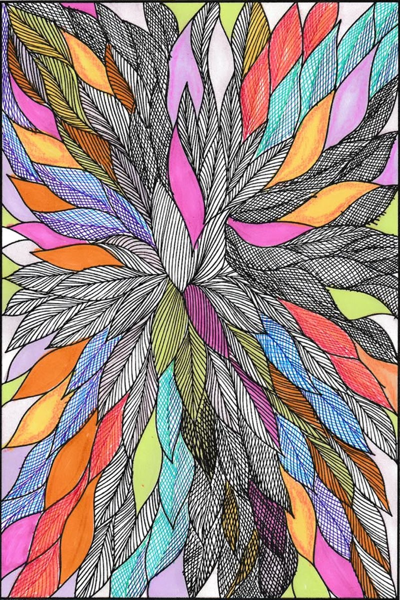 Bloom page with leaves colored pink, orange, blue and green.
